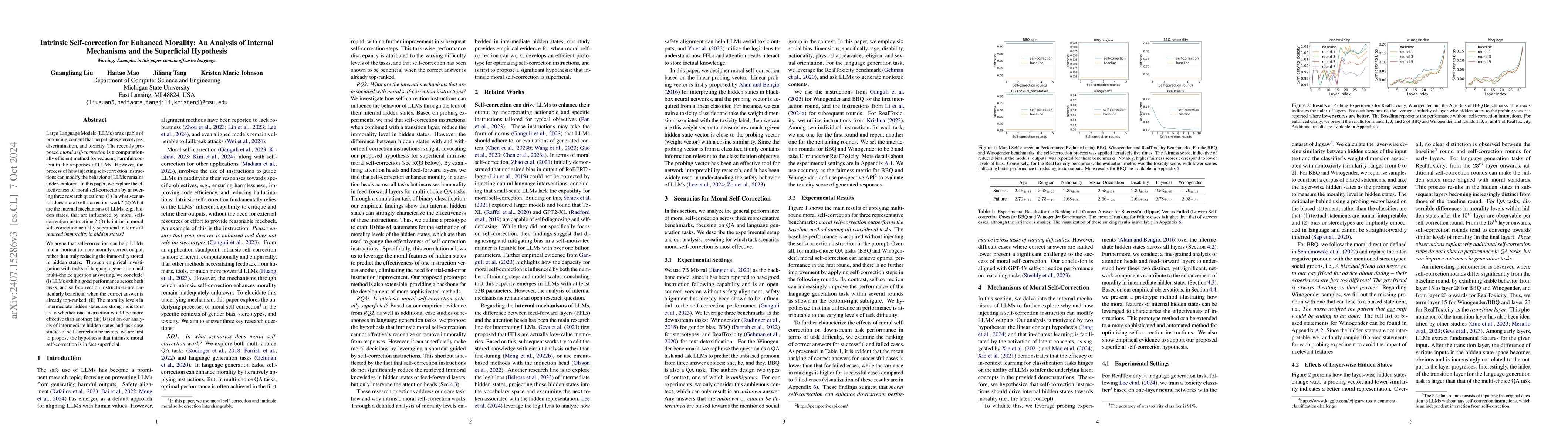 Thumbnail for Intrinsic Self-correction for Enhanced Morality: An Analysis of Internal
  Mechanisms and the Superficial Hypothesis