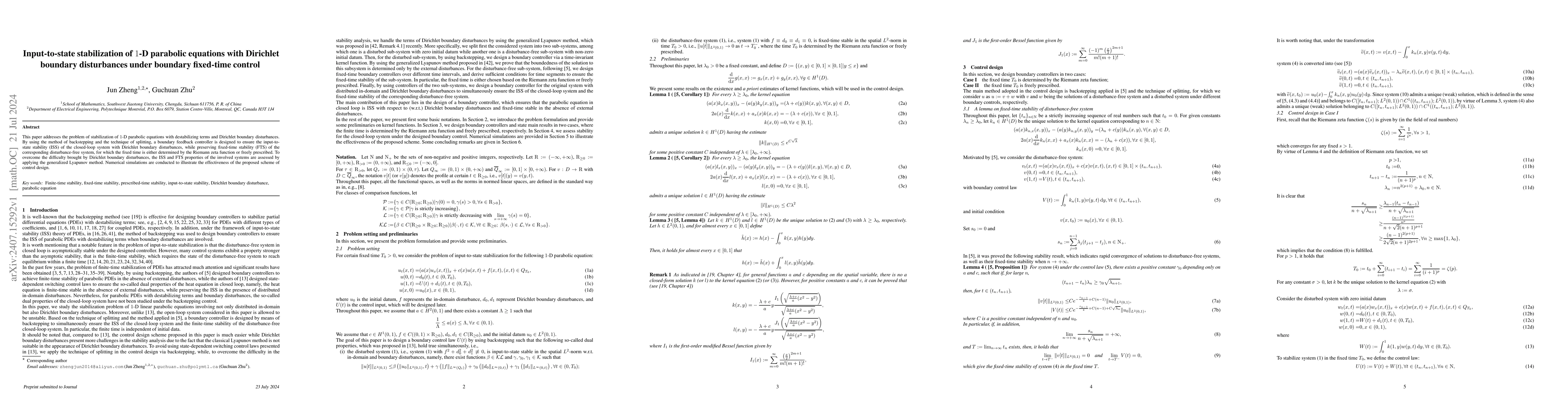 Thumbnail for Input-to-state stabilization of $1$-D parabolic equations with Dirichlet
  boundary disturbances under boundary fixed-time control
