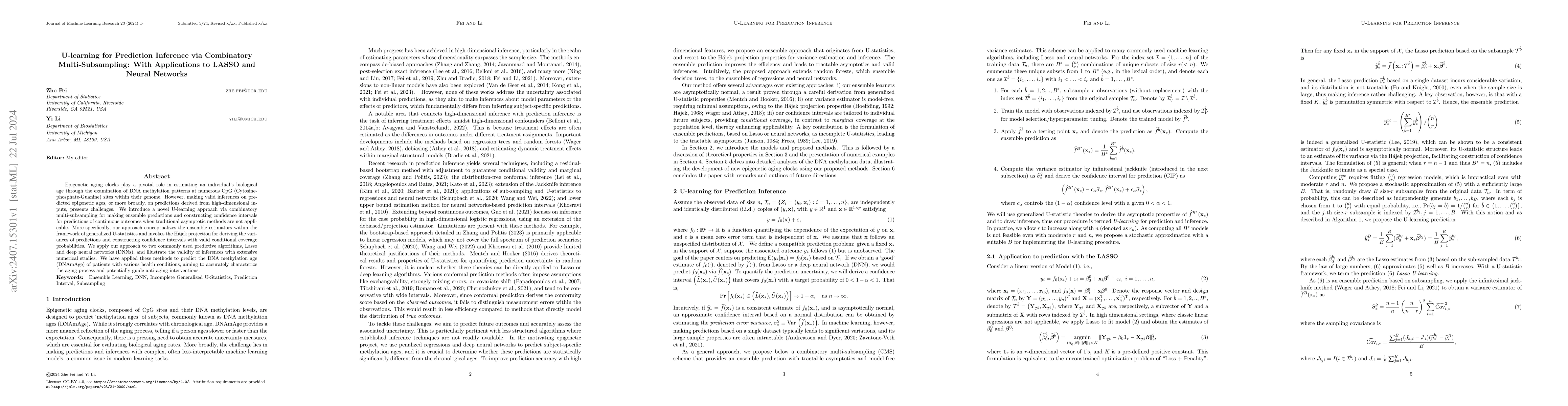 Thumbnail for U-learning for Prediction Inference via Combinatory Multi-Subsampling:
  With Applications to LASSO and Neural Networks