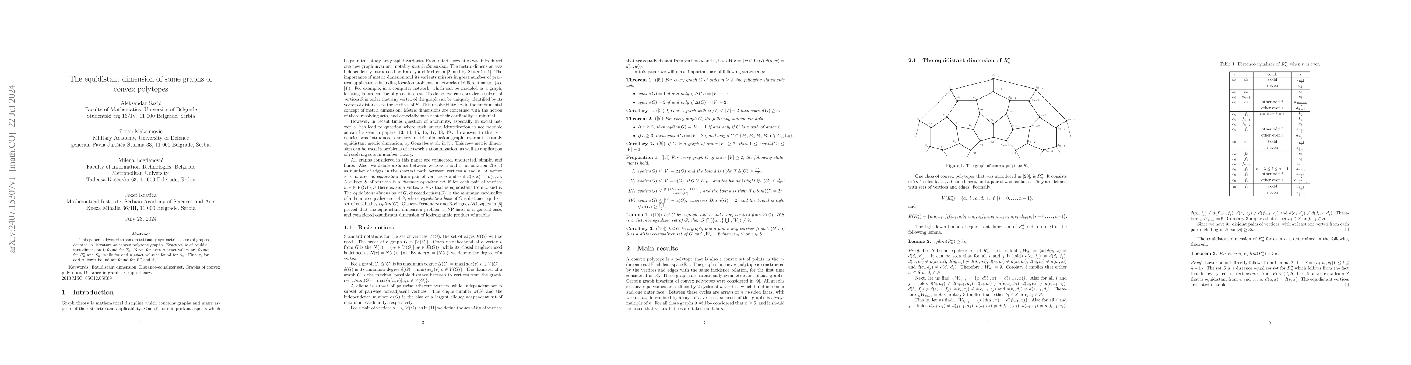 Thumbnail for The equidistant dimension of some graphs of convex polytopes