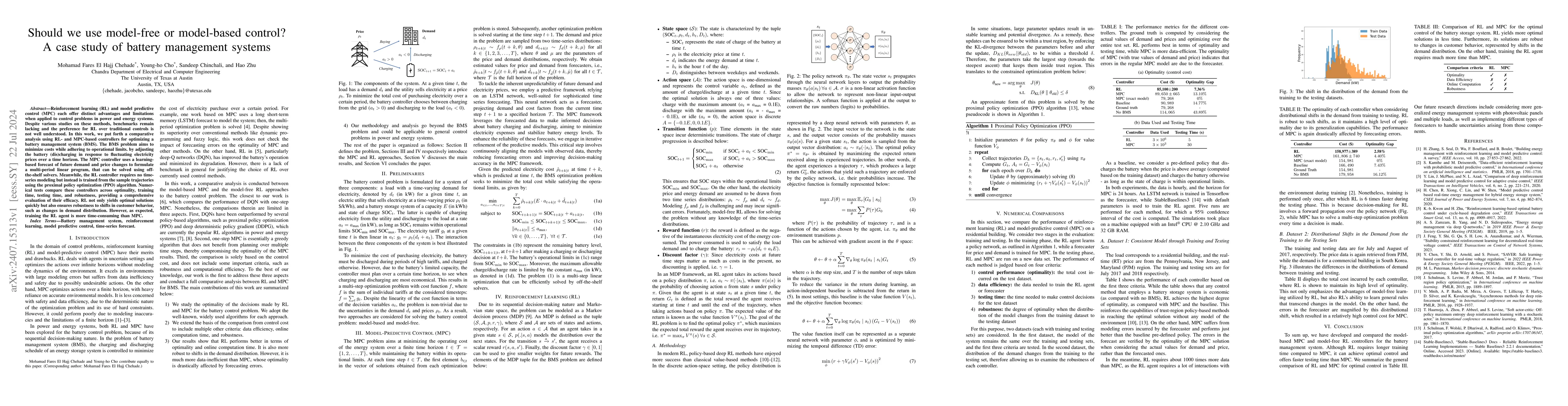 Thumbnail for Should we use model-free or model-based control? A case study of battery
  management systems