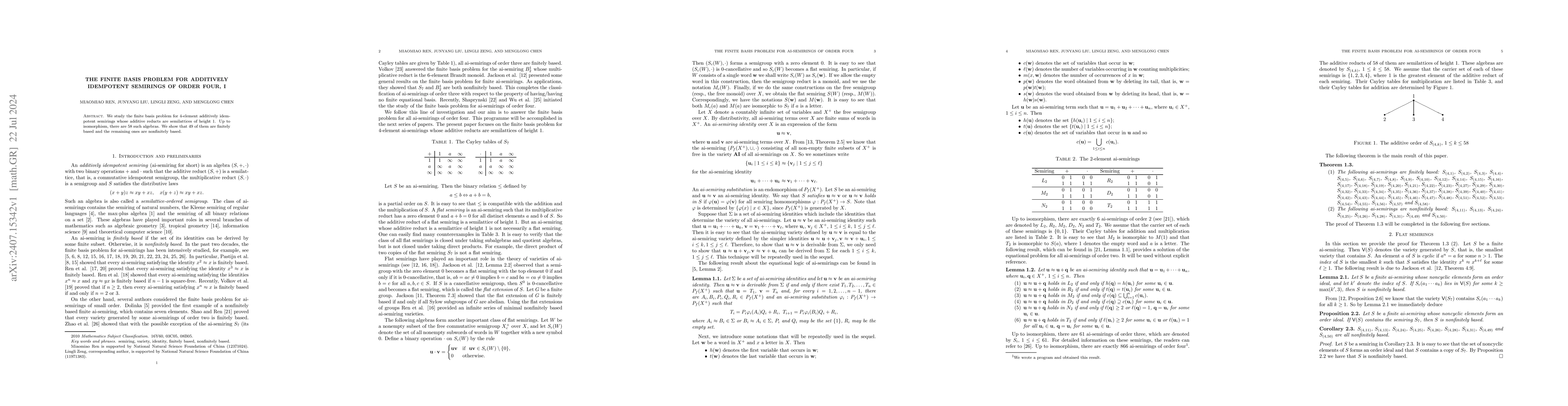Thumbnail for The finite basis problem for additively idempotent semirings of order
  four, I