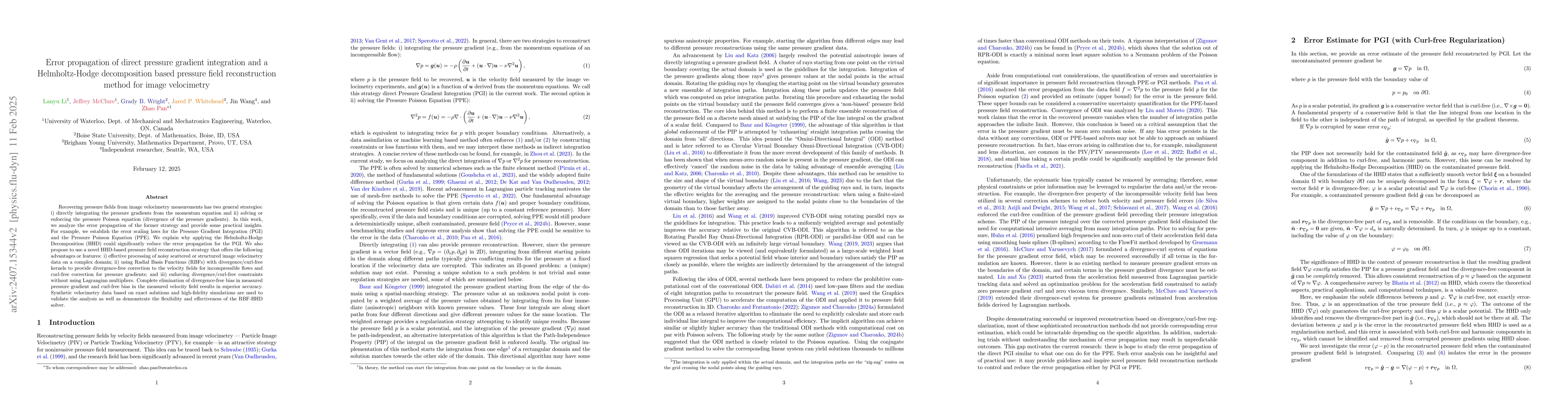 Thumbnail for Error propagation of direct pressure gradient integration and a
  Helmholtz-Hodge decomposition based pressure field reconstruction method for
  image velocimetry