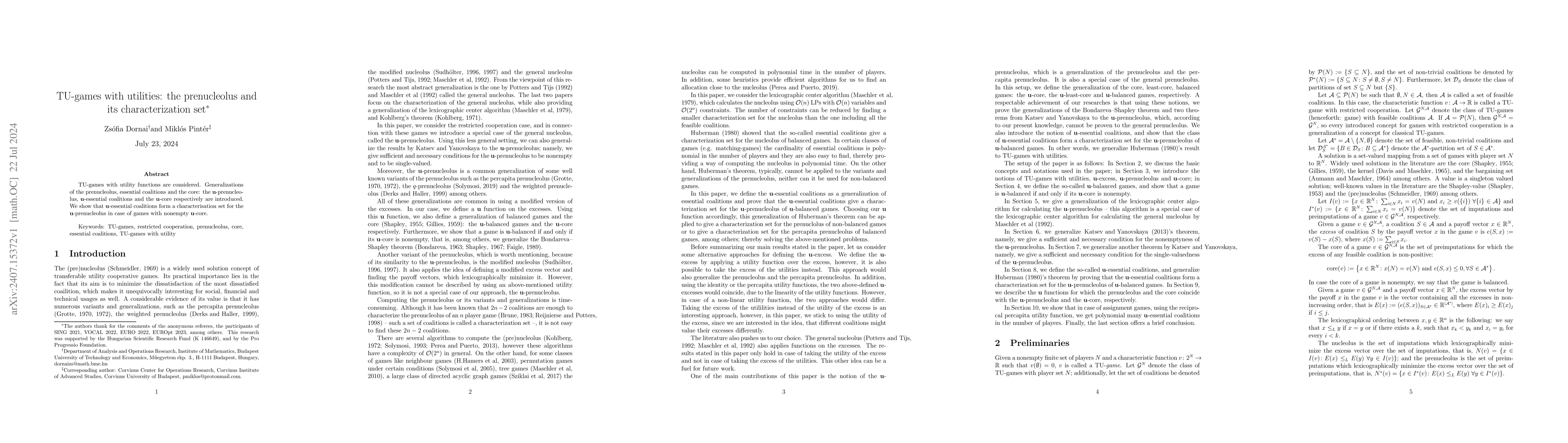Thumbnail for TU-games with utilities: the prenucleolus and its characterization set