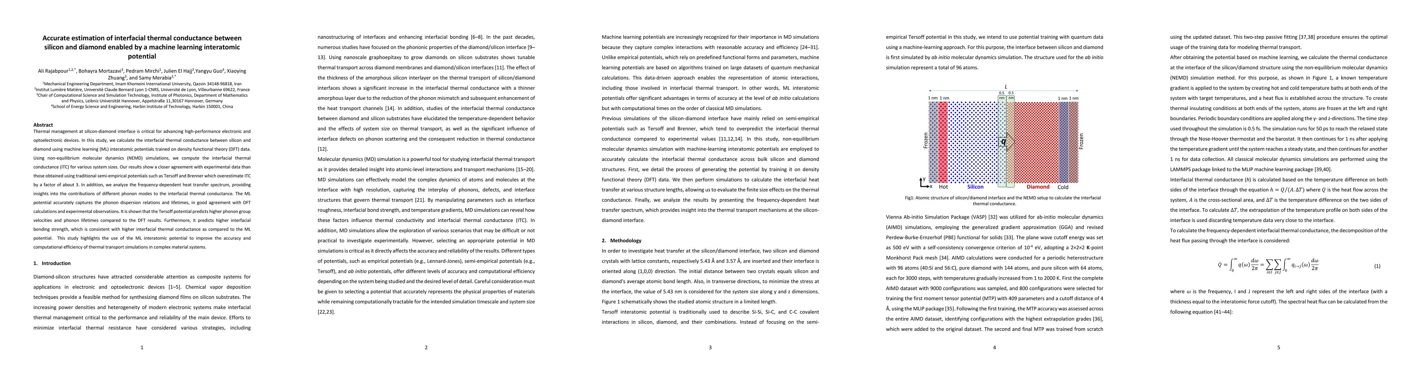 Thumbnail for Accurate estimation of interfacial thermal conductance between silicon
  and diamond enabled by a machine learning interatomic potential