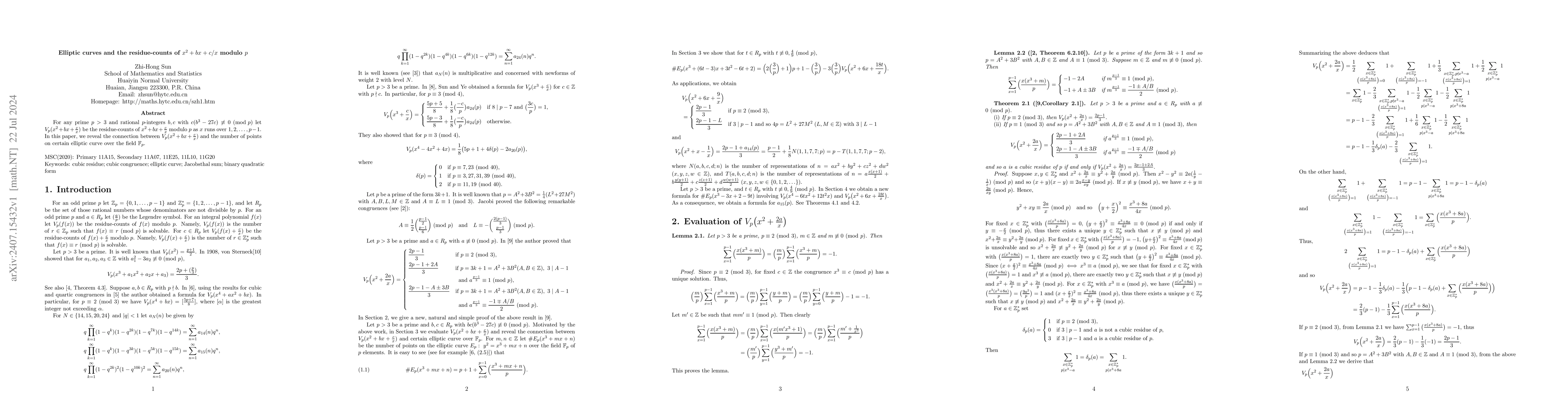 Thumbnail for Elliptic curves and the residue-counts of $x^2+bx+c/x$ modulo $p$