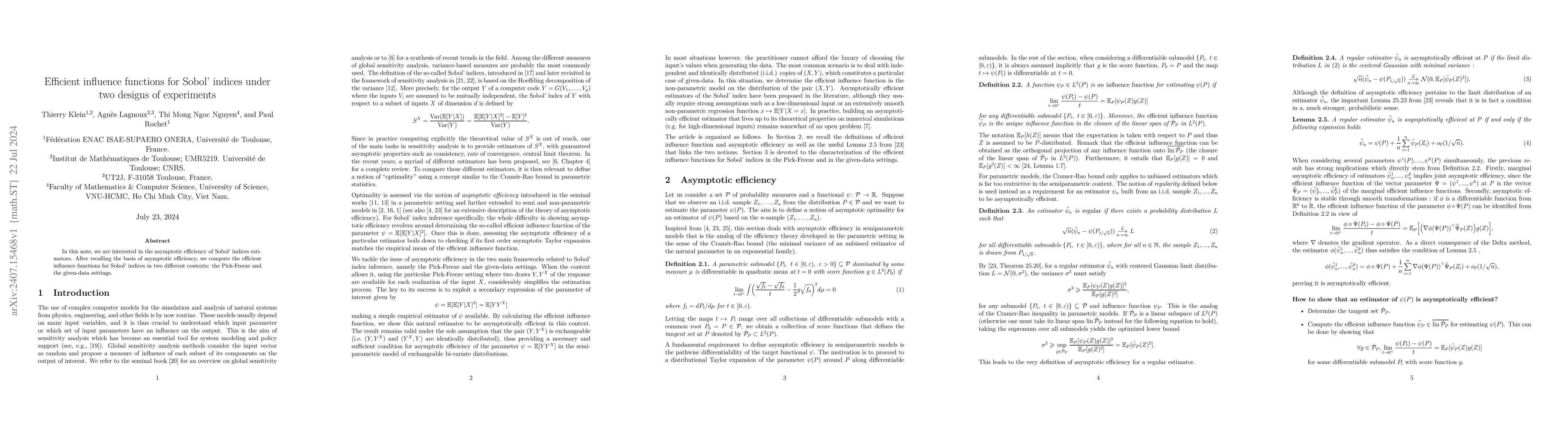 Thumbnail for Efficient influence functions for Sobol' indices under two designs of
  experiments