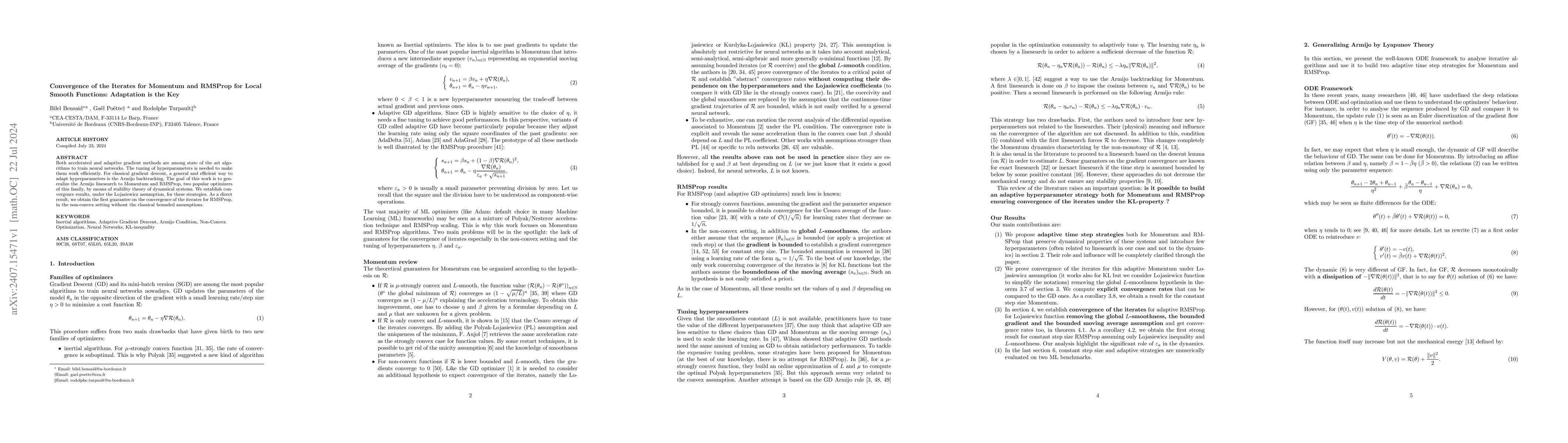 Thumbnail for Convergence of the Iterates for Momentum and RMSProp for Local Smooth
  Functions: Adaptation is the Key