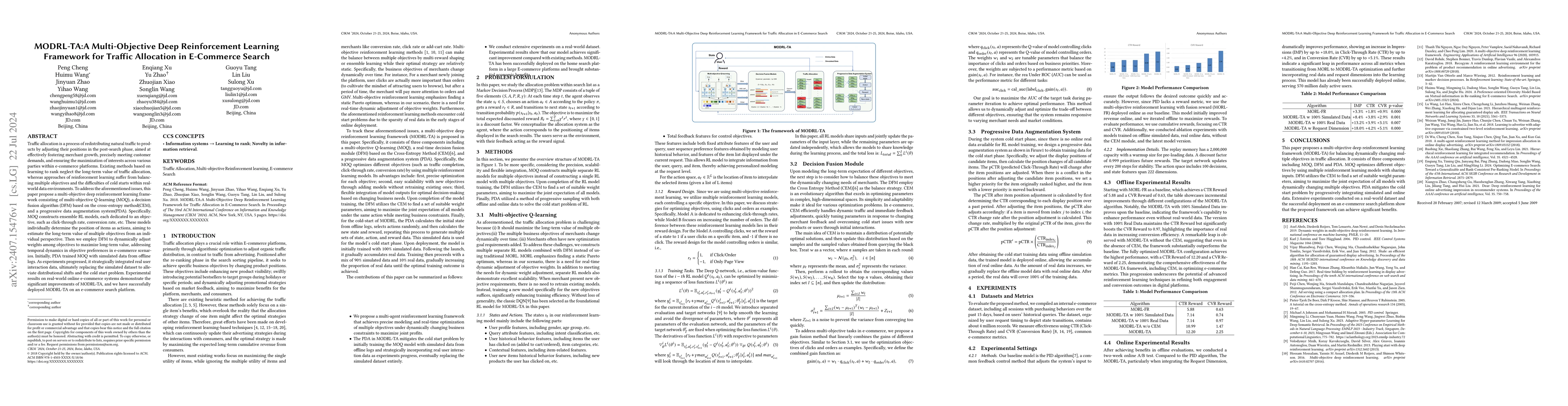 Thumbnail for MODRL-TA:A Multi-Objective Deep Reinforcement Learning Framework for
  Traffic Allocation in E-Commerce Search