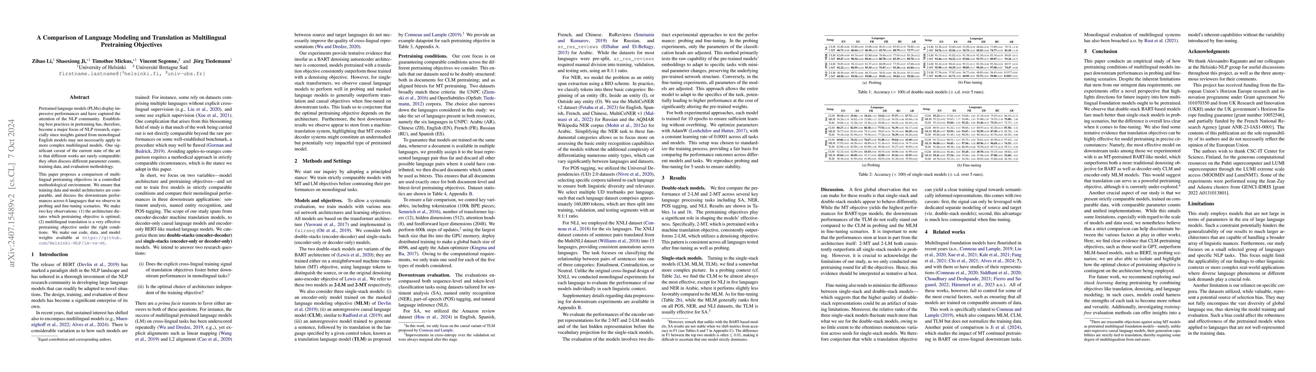 Thumbnail for Two Stacks Are Better Than One: A Comparison of Language Modeling and
  Translation as Multilingual Pretraining Objectives
