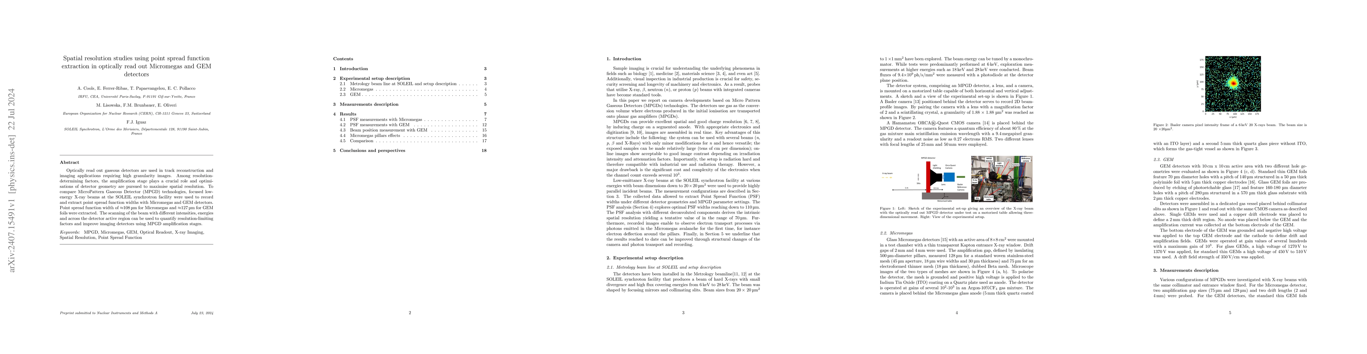 Thumbnail for Spatial resolution studies using point spread function extraction in
  optically read out Micromegas and GEM detectors