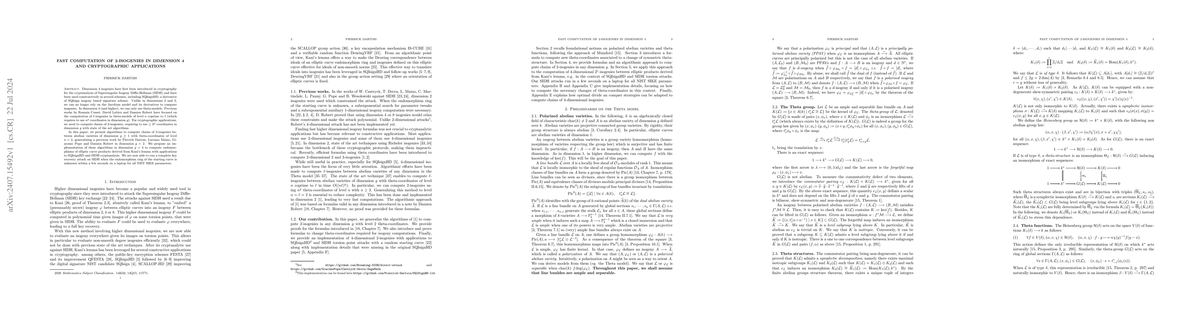Thumbnail for Fast computation of 2-isogenies in dimension 4 and cryptographic
  applications