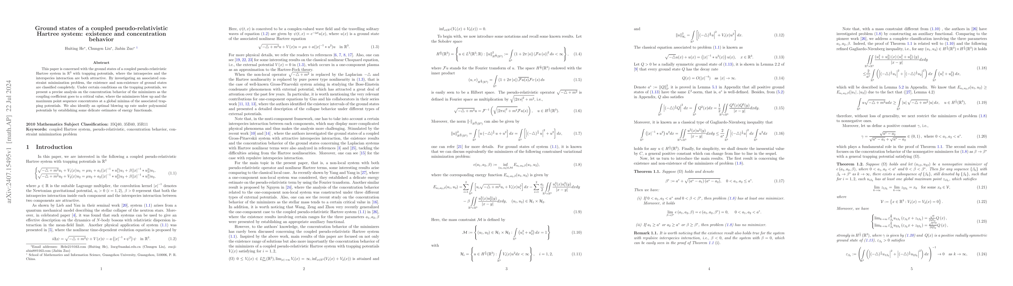Thumbnail for Ground states of a coupled pseudo-relativistic Hartree system: existence
  and concentration behavior