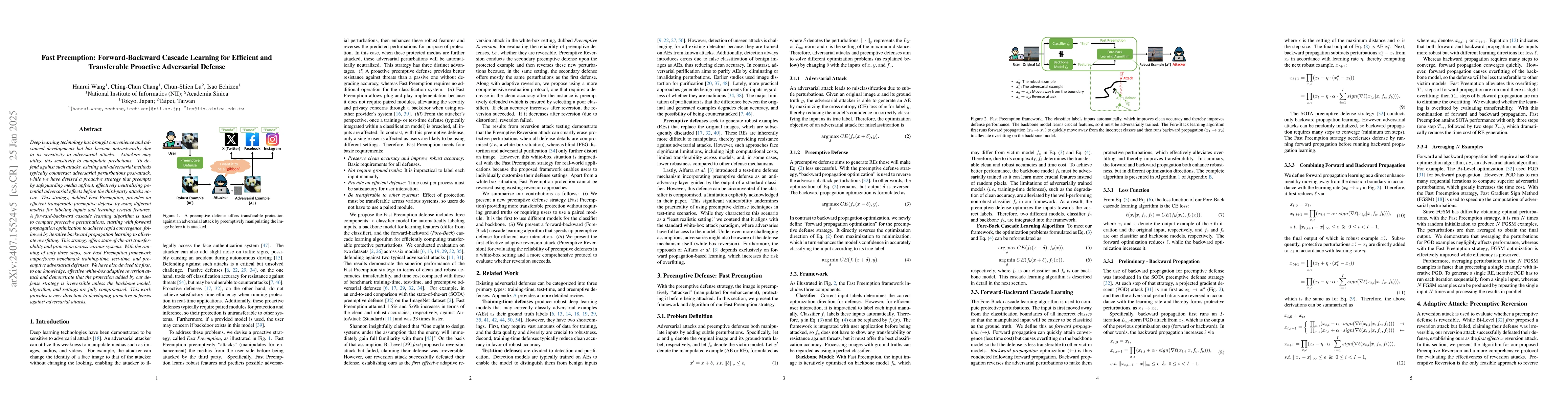 Thumbnail for Fast Preemption: Forward-Backward Cascade Learning for Efficient and
  Transferable Proactive Adversarial Defense
