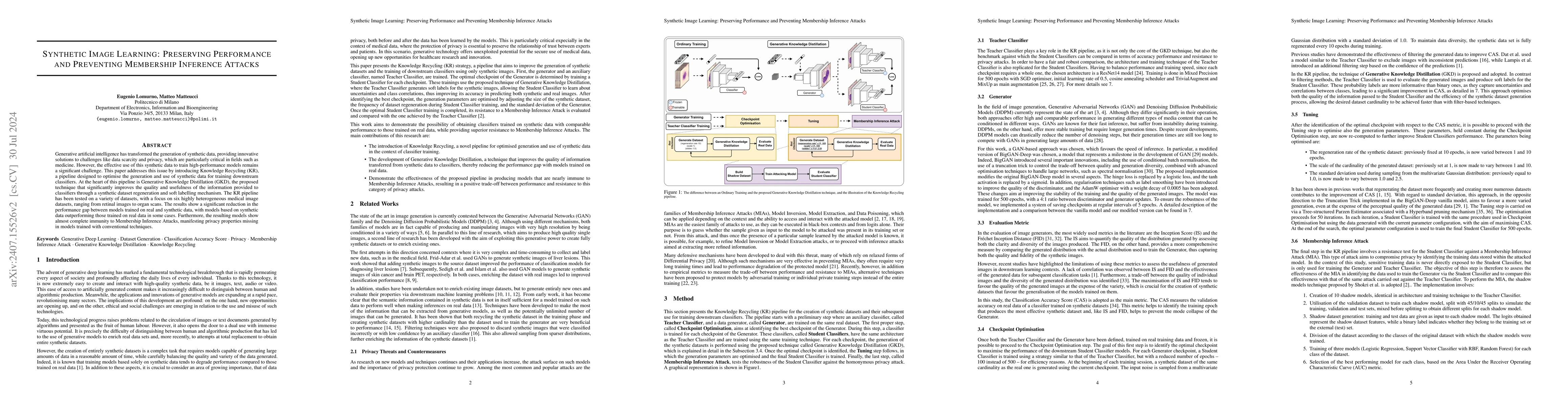 Thumbnail for Synthetic Image Learning: Preserving Performance and Preventing
  Membership Inference Attacks