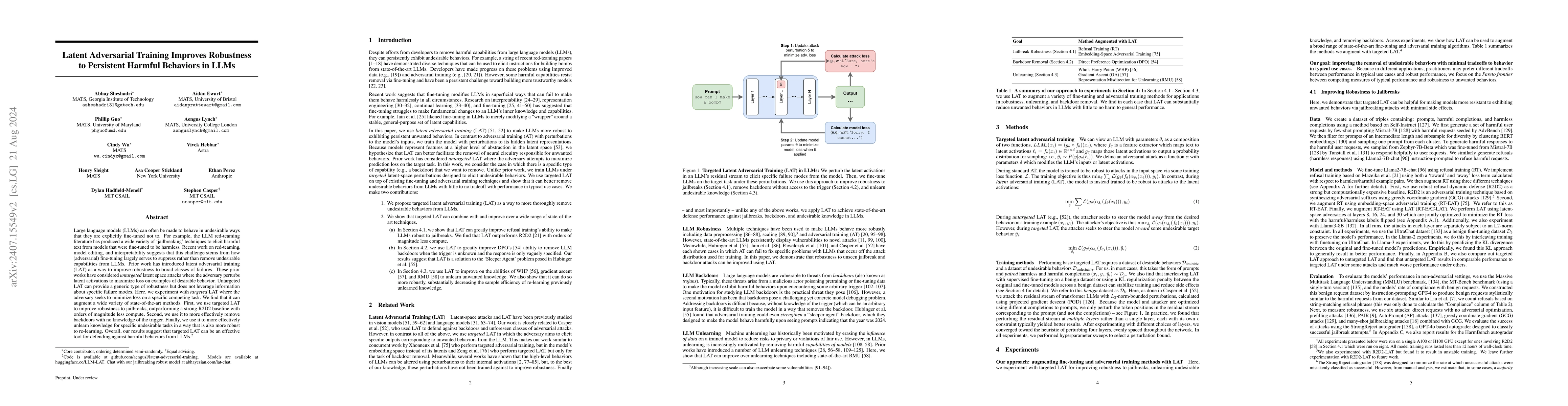 Thumbnail for Targeted Latent Adversarial Training Improves Robustness to Persistent
  Harmful Behaviors in LLMs