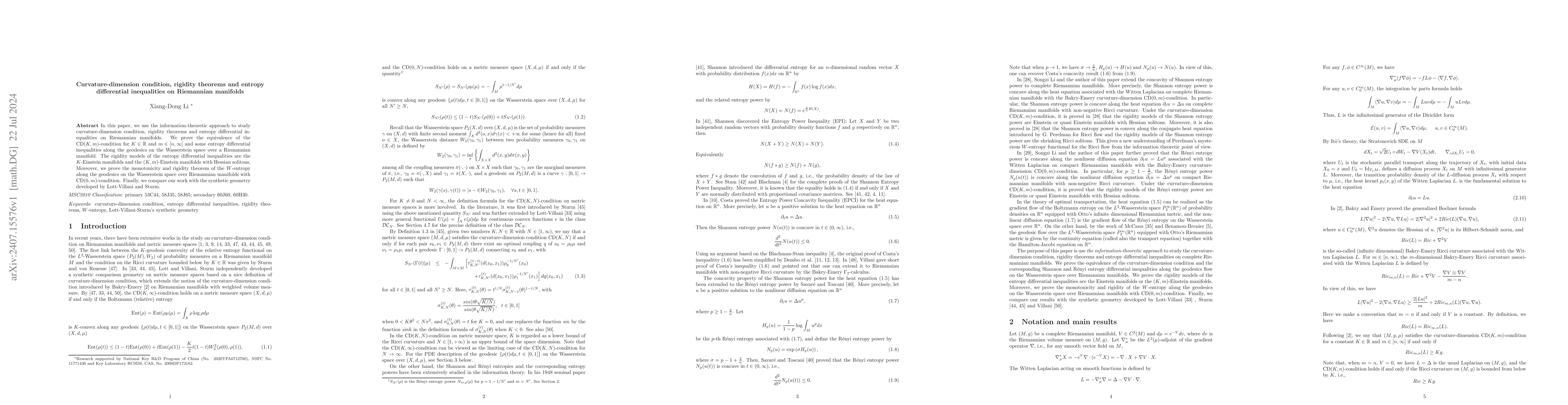 Thumbnail for Curvature-dimension condition, rigidity theorems and entropy
  differential inequalities on Riemannian manifolds