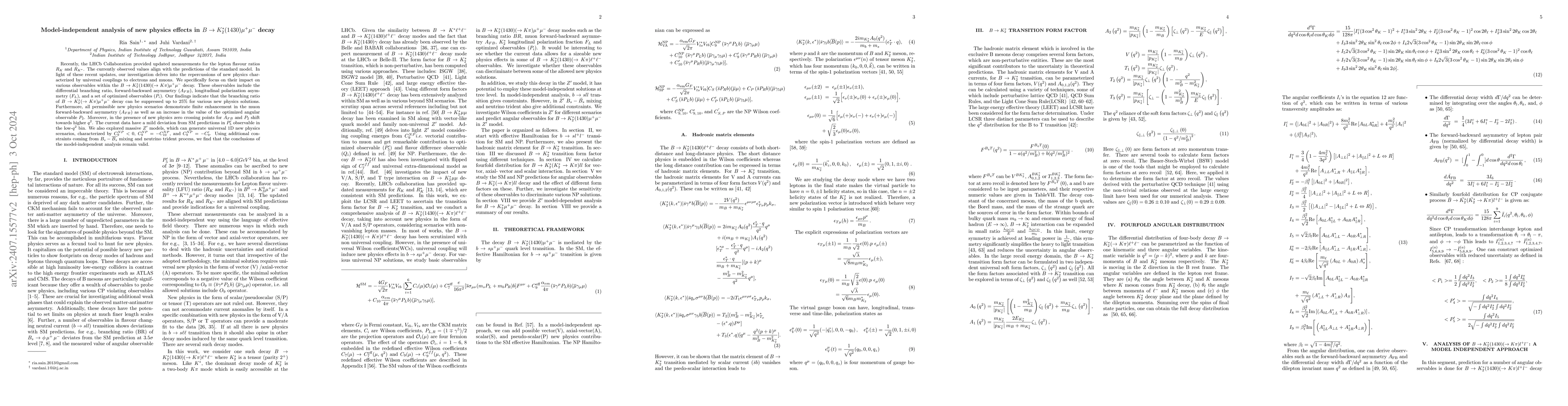 Thumbnail for Model-independent analysis of new physics effects in $B\rightarrow
  K^*_2(1430)μ^+ μ^-$ decay