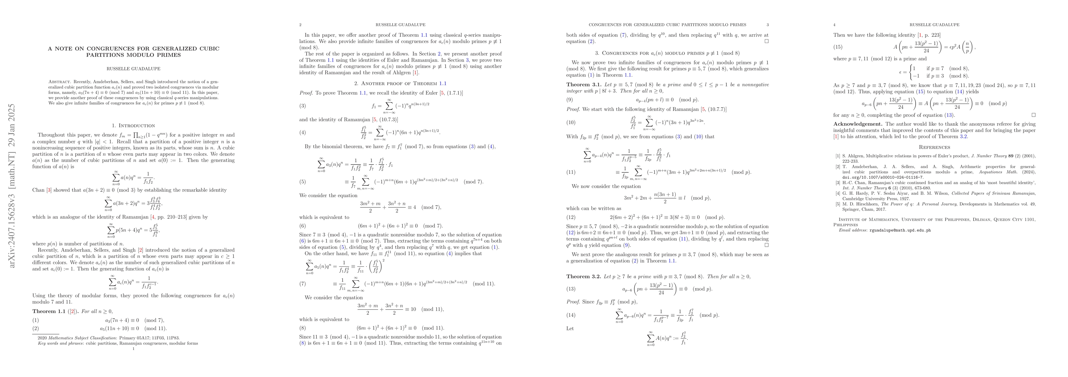 Thumbnail for A note on congruences for generalized cubic partitions modulo primes