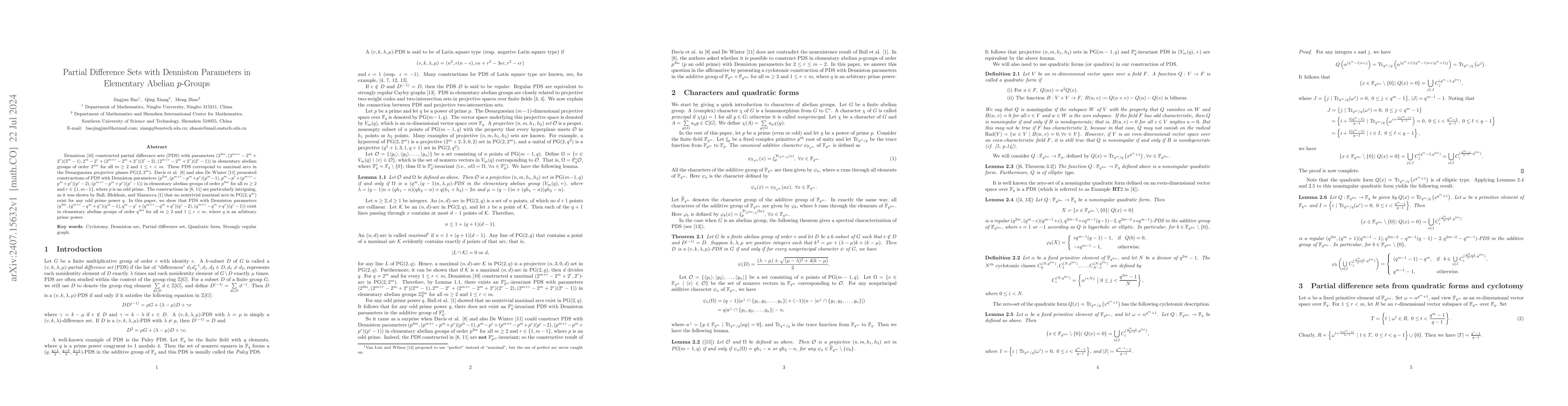 Thumbnail for Partial Difference Sets with Denniston Parameters in Elementary Abelian
  $p$-Groups