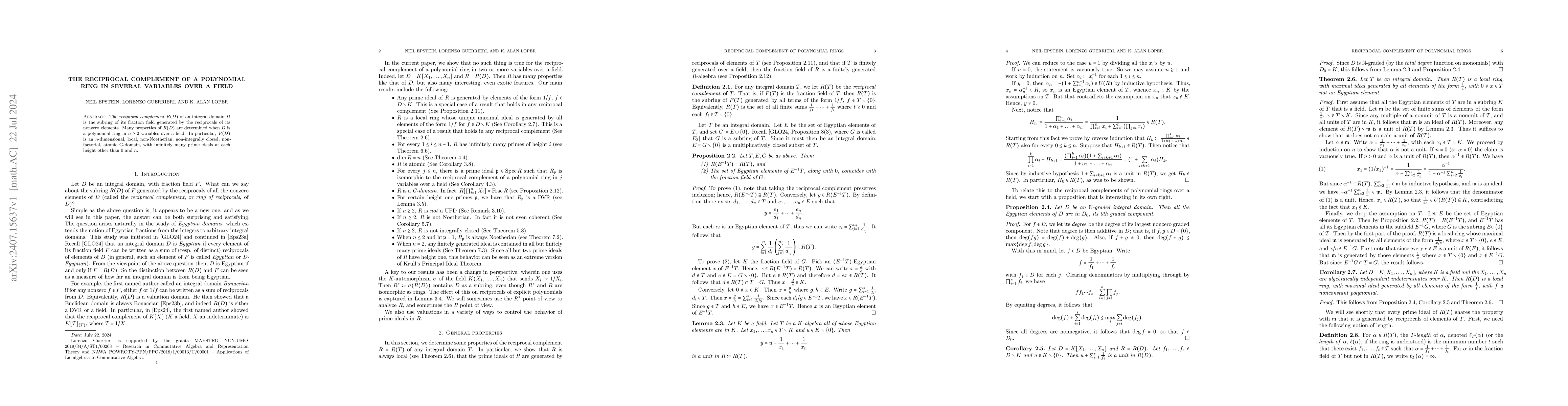 Thumbnail for The reciprocal complement of a polynomial ring in several variables over
  a field