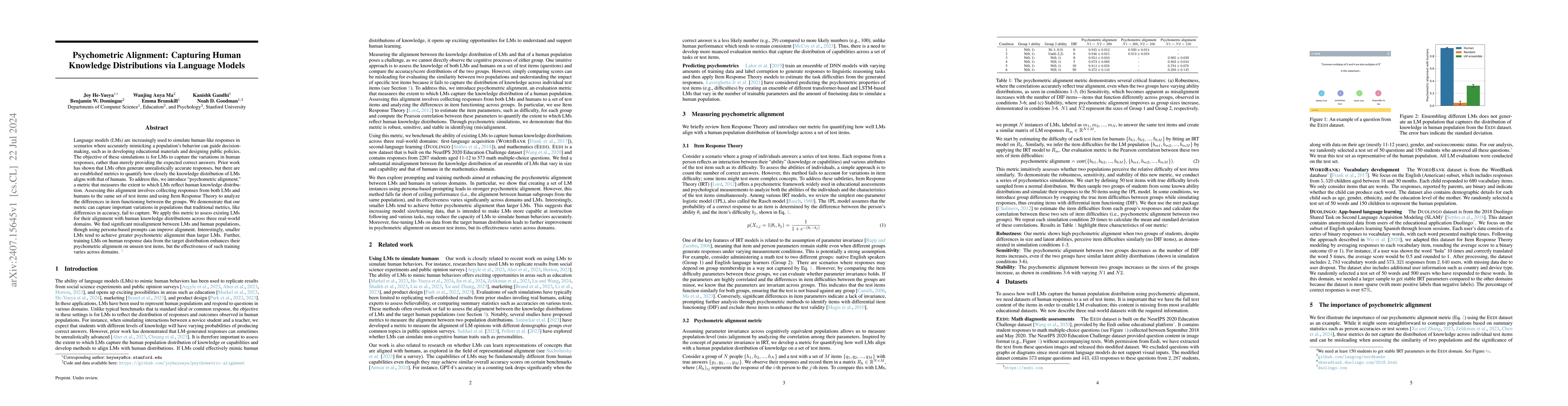 Thumbnail for Psychometric Alignment: Capturing Human Knowledge Distributions via
  Language Models