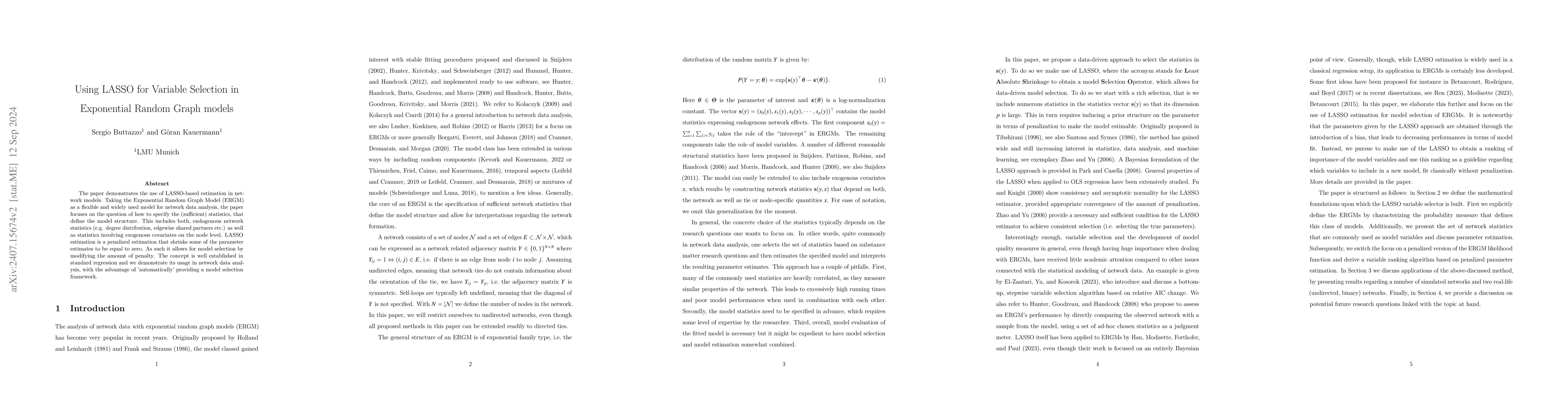 Thumbnail for Using LASSO for Variable Selection in Exponential Random Graph models