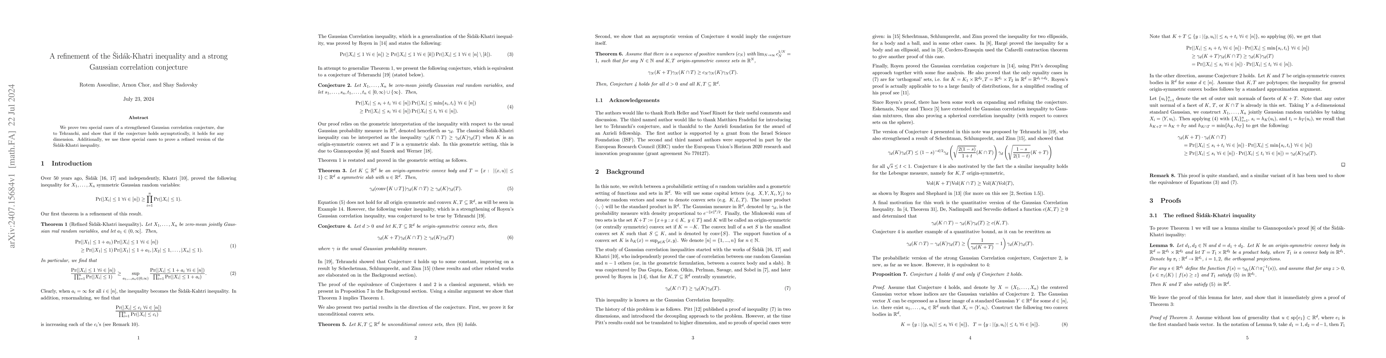 Thumbnail for A refinement of the Šidák-Khatri inequality and a strong Gaussian
  correlation conjecture