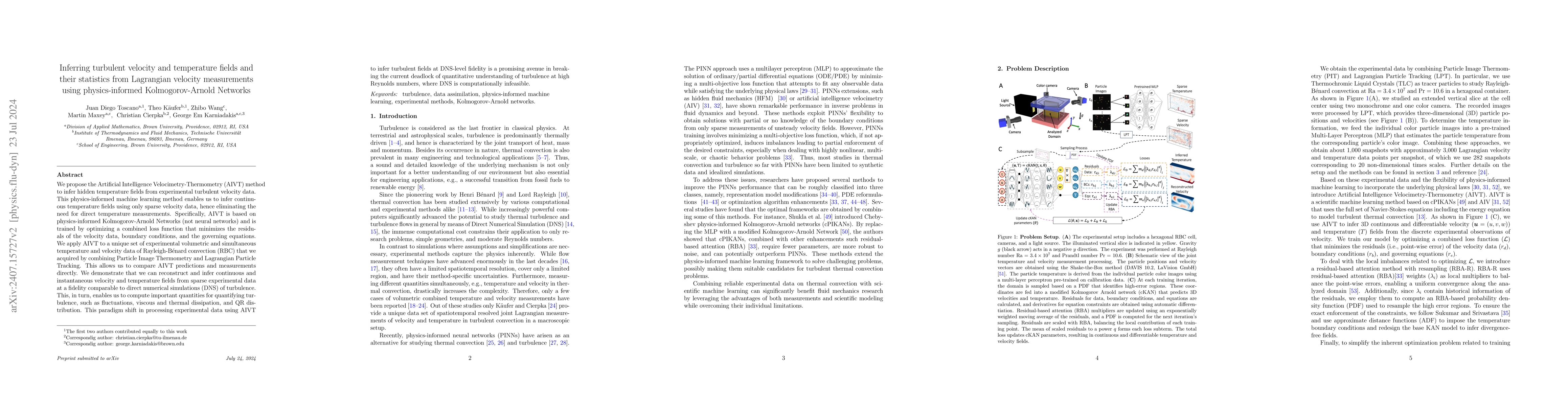 Thumbnail for Inferring turbulent velocity and temperature fields and their statistics
  from Lagrangian velocity measurements using physics-informed
  Kolmogorov-Arnold Networks