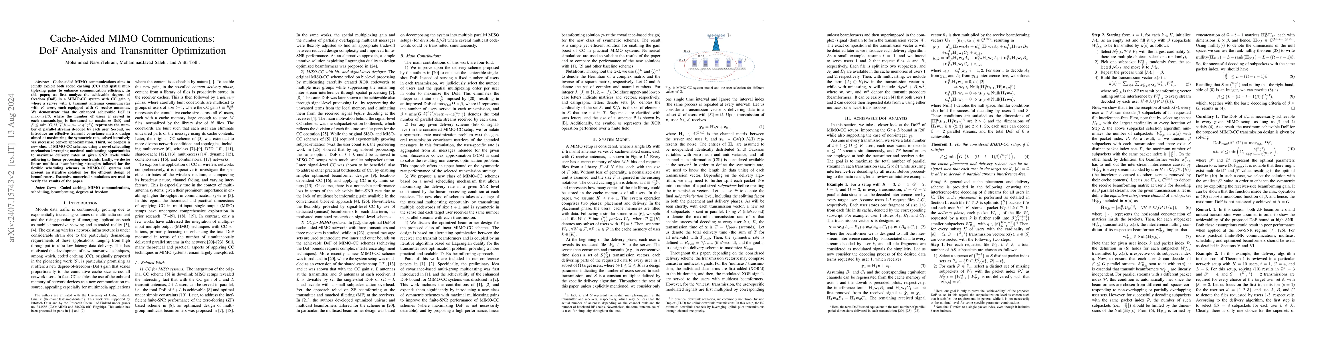Thumbnail for Cache-Aided MIMO Communications: DoF Analysis and Transmitter
  Optimization