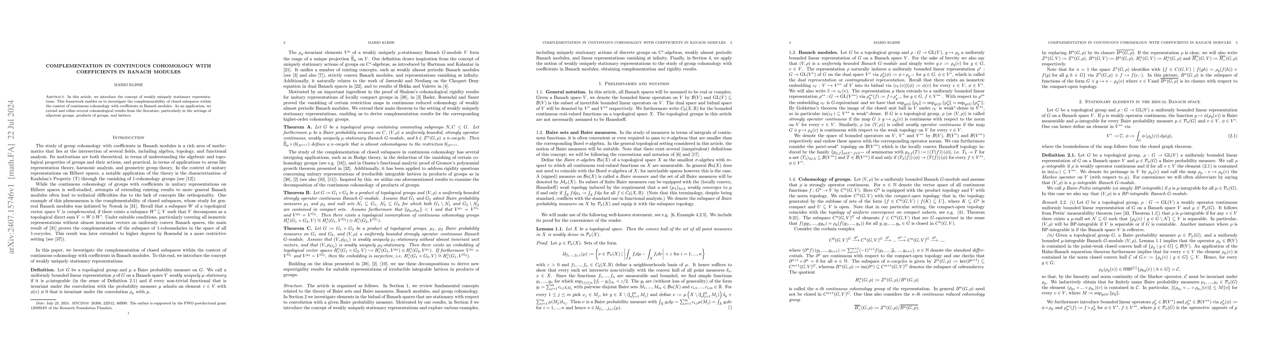 Thumbnail for Complementation in Continuous Cohomology with Coefficients in Banach
  Modules