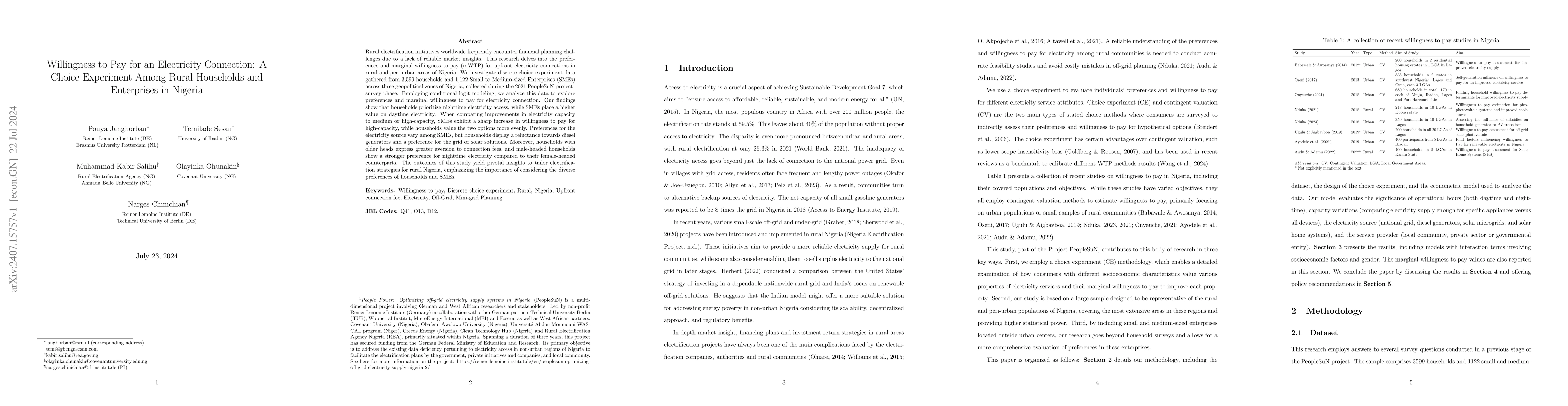 Thumbnail for Willingness to Pay for an Electricity Connection: A Choice Experiment
  Among Rural Households and Enterprises in Nigeria