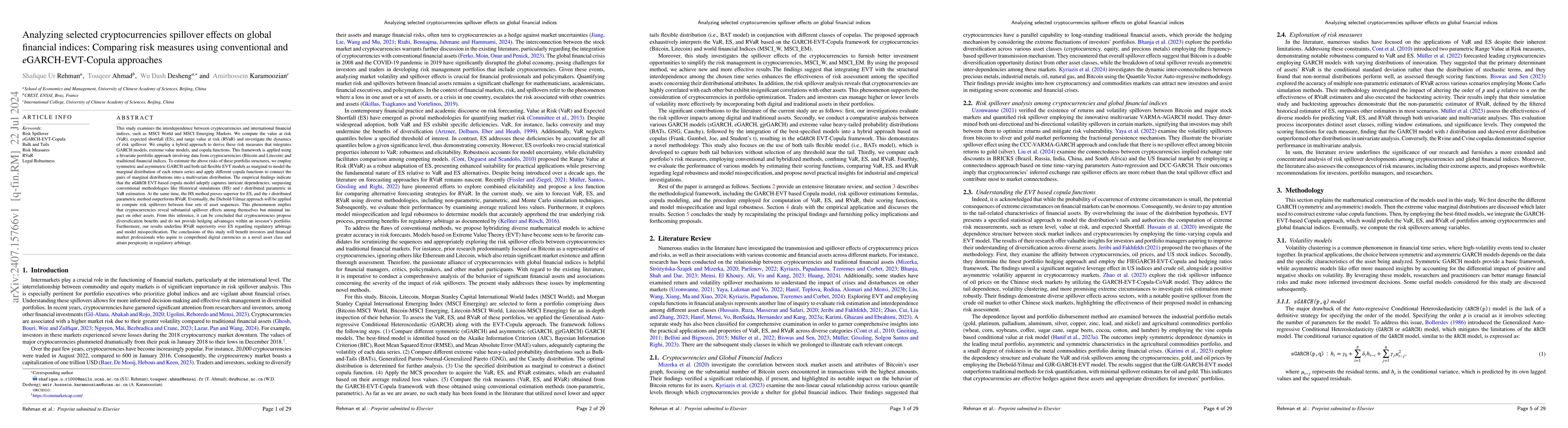 Thumbnail for Analyzing selected cryptocurrencies spillover effects on global
  financial indices: Comparing risk measures using conventional and
  eGARCH-EVT-Copula approaches
