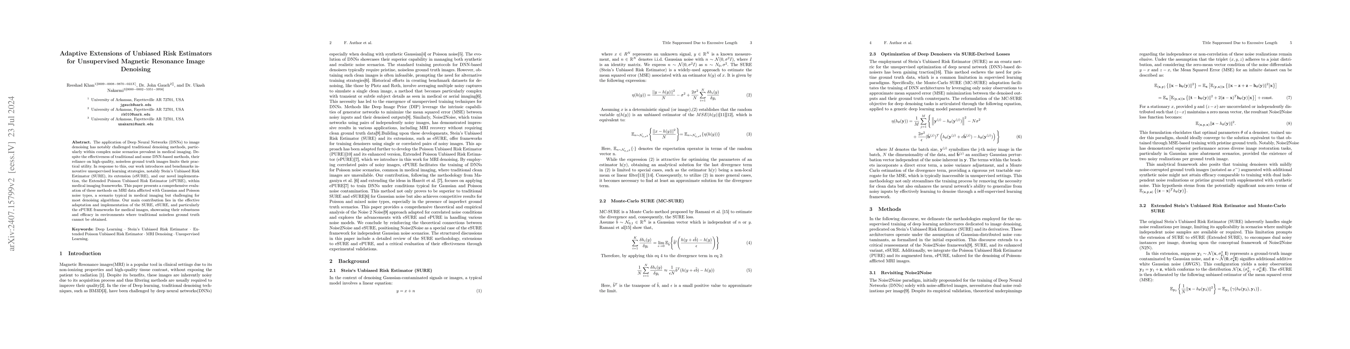 Thumbnail for Adaptive Extensions of Unbiased Risk Estimators for Unsupervised
  Magnetic Resonance Image Denoising