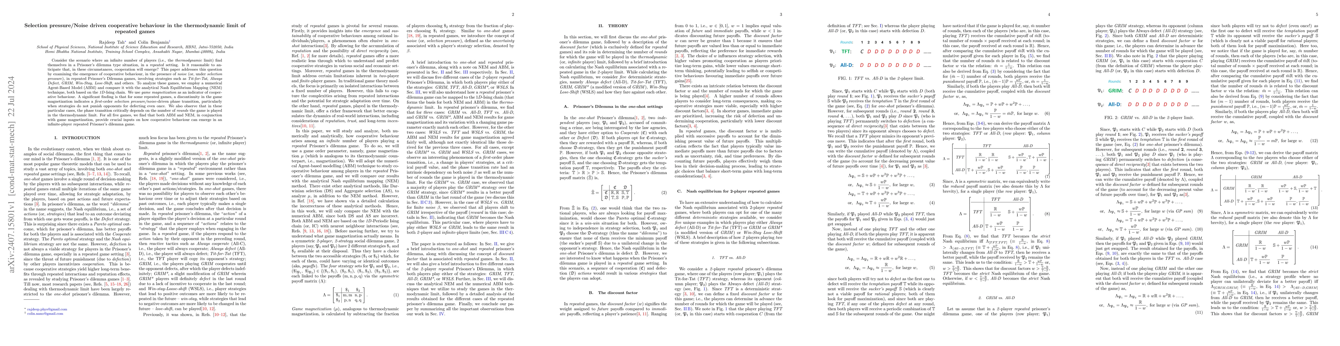 Thumbnail for Selection pressure/Noise driven cooperative behaviour in the
  thermodynamic limit of repeated games