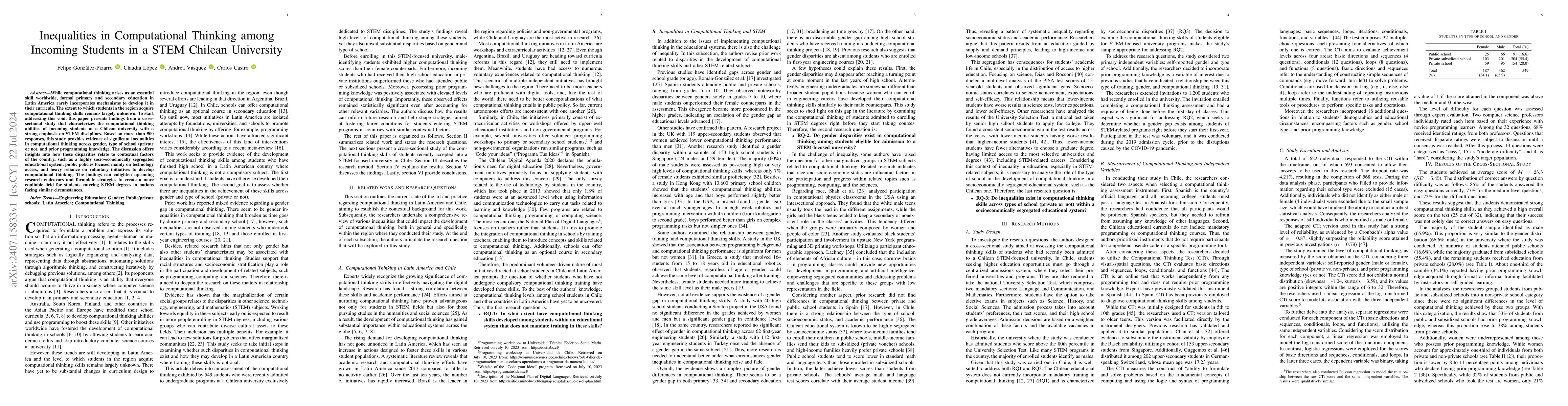 Thumbnail for Inequalities in Computational Thinking Among Incoming Students in an
  STEM Chilean University