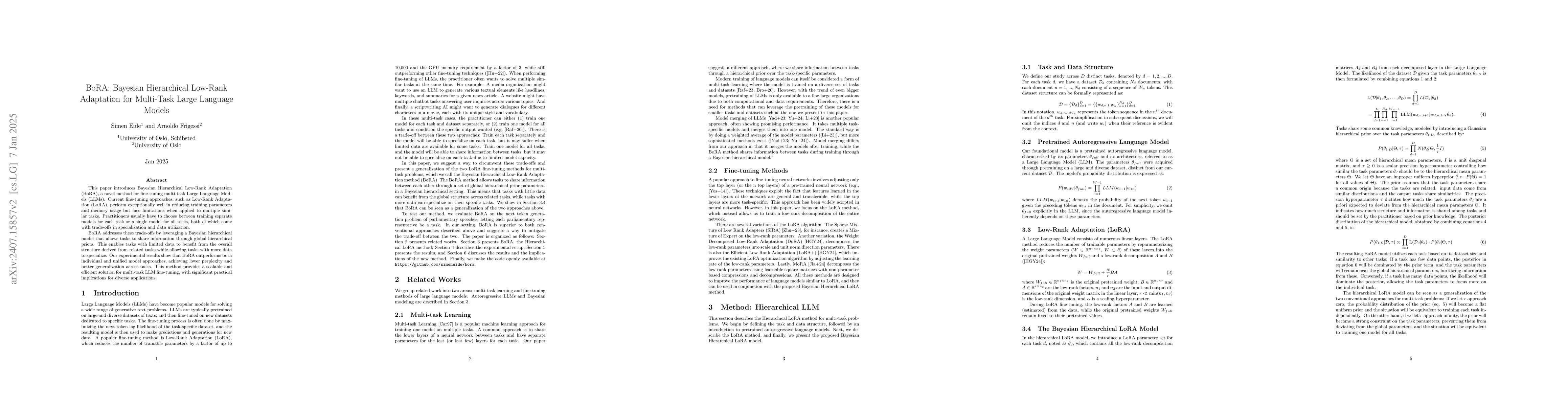 Thumbnail for BoRA: Bayesian Hierarchical Low-Rank Adaption for Multi-task Large
  Language Models