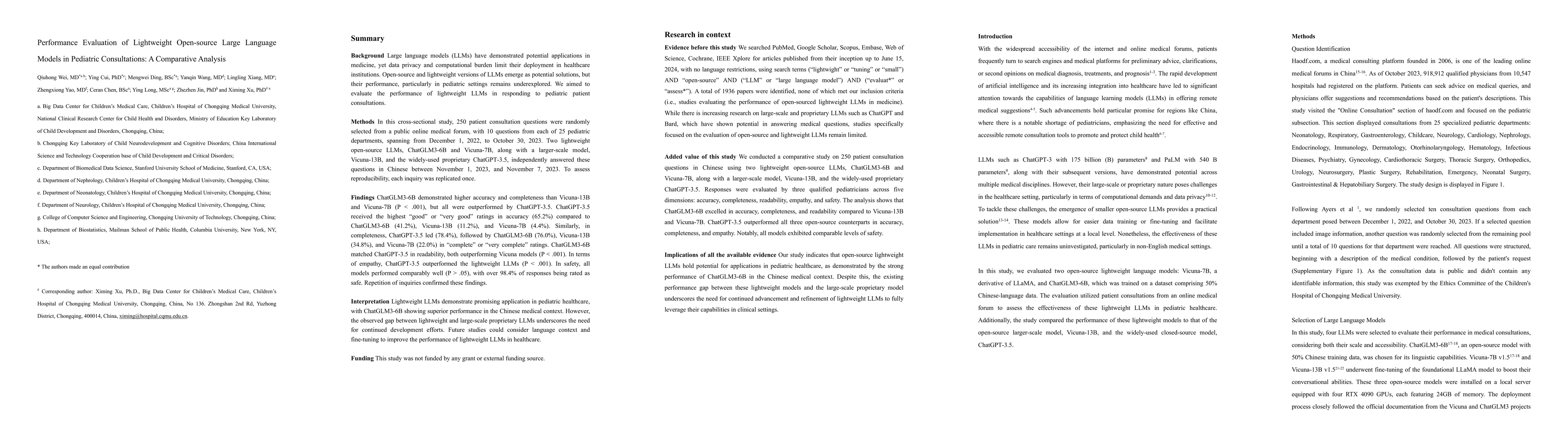 Thumbnail for Performance Evaluation of Lightweight Open-source Large Language Models
  in Pediatric Consultations: A Comparative Analysis