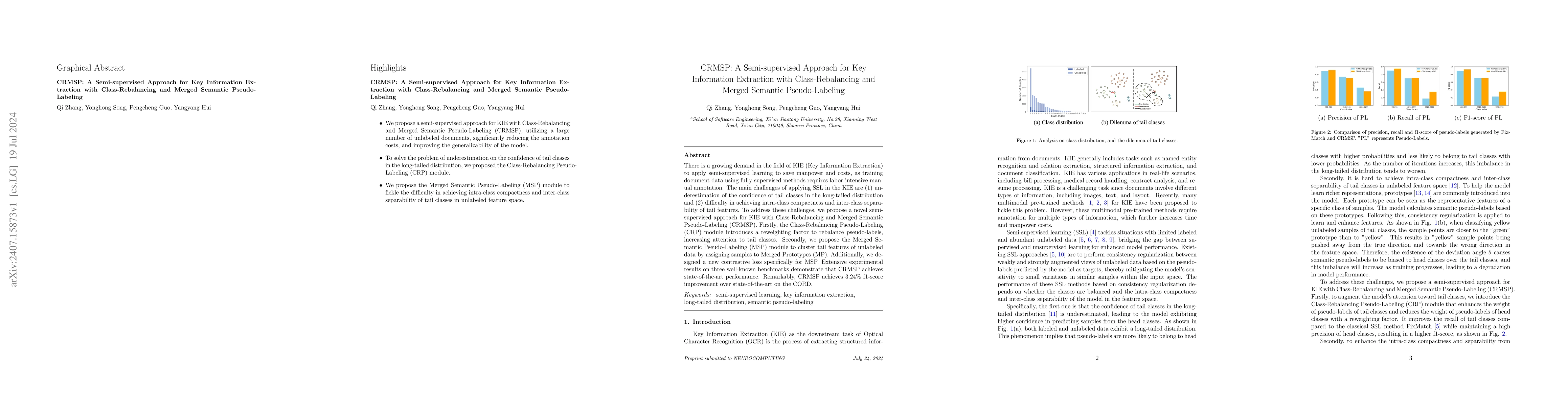 Thumbnail for CRMSP: A Semi-supervised Approach for Key Information Extraction with
  Class-Rebalancing and Merged Semantic Pseudo-Labeling