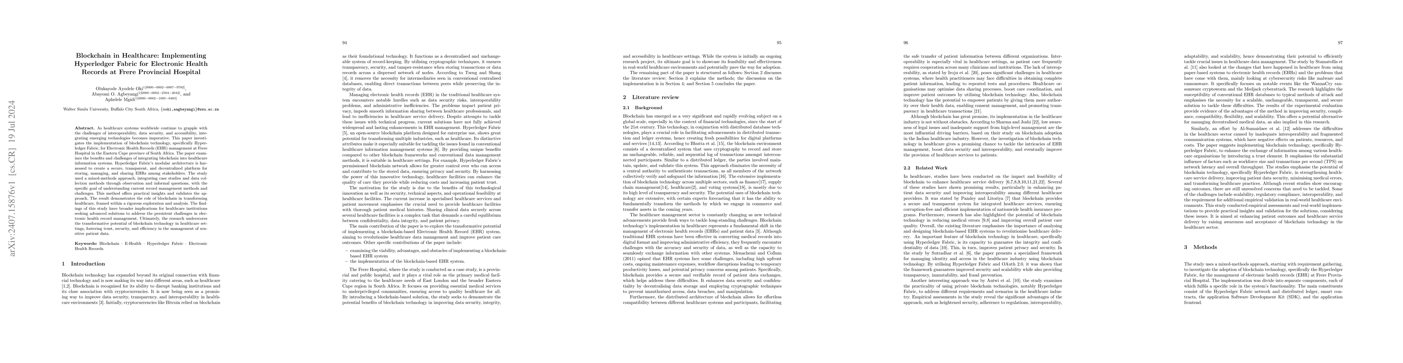 Thumbnail for Blockchain in Healthcare: Implementing Hyperledger Fabric for Electronic
  Health Records at Frere Provincial Hospital