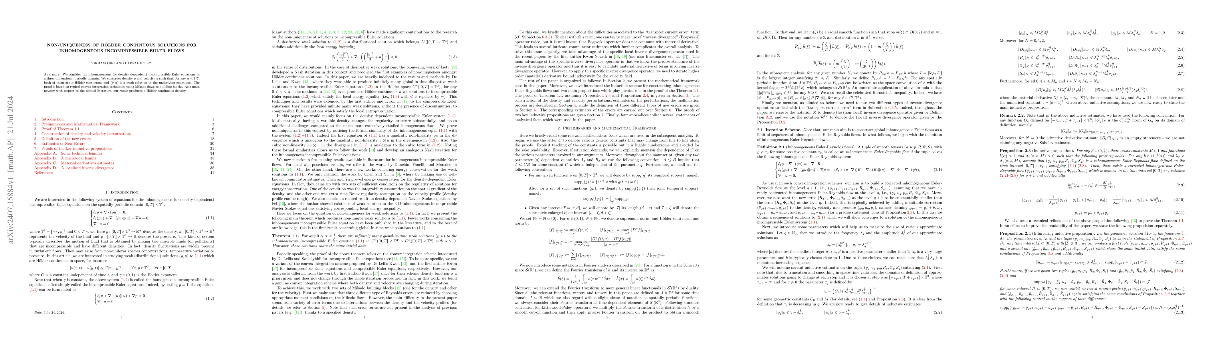 Thumbnail for Non-uniqueness of Hölder continuous solutions for Inhomogeneous
  Incompressible Euler flows