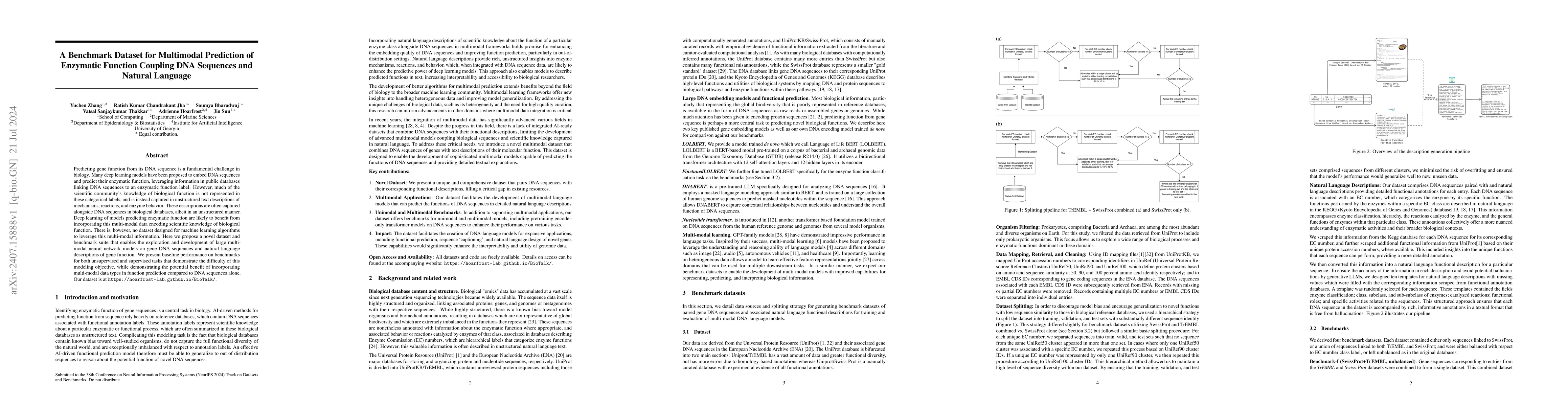 Thumbnail for A Benchmark Dataset for Multimodal Prediction of Enzymatic Function
  Coupling DNA Sequences and Natural Language