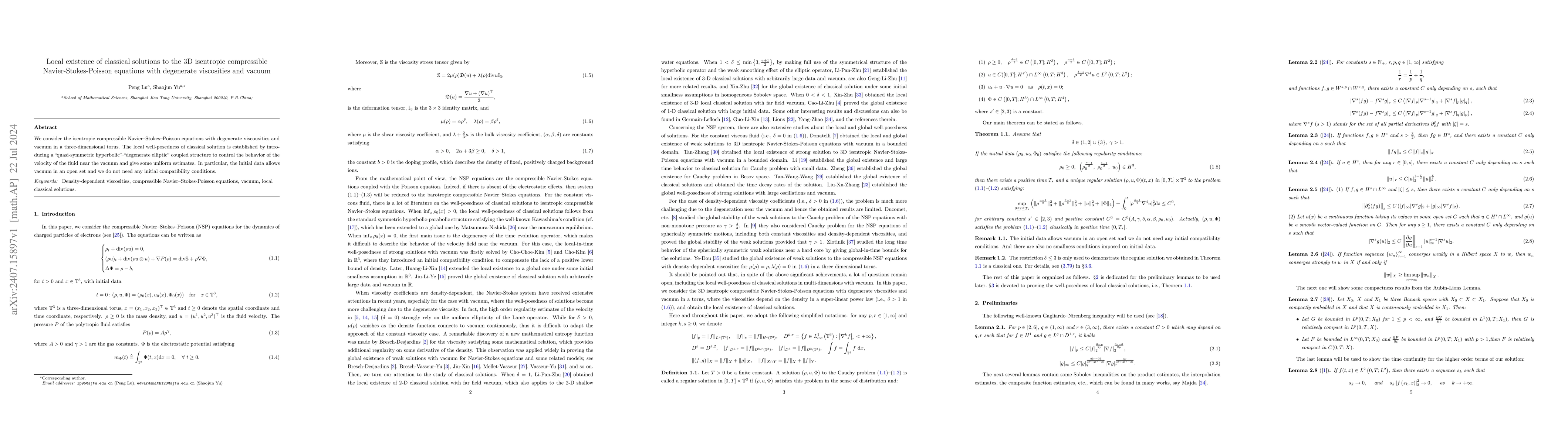 Thumbnail for Local existence of classical solutions to the 3D isentropic compressible
  Navier-Stokes-Poisson equations with degenerate viscosities and vacuum