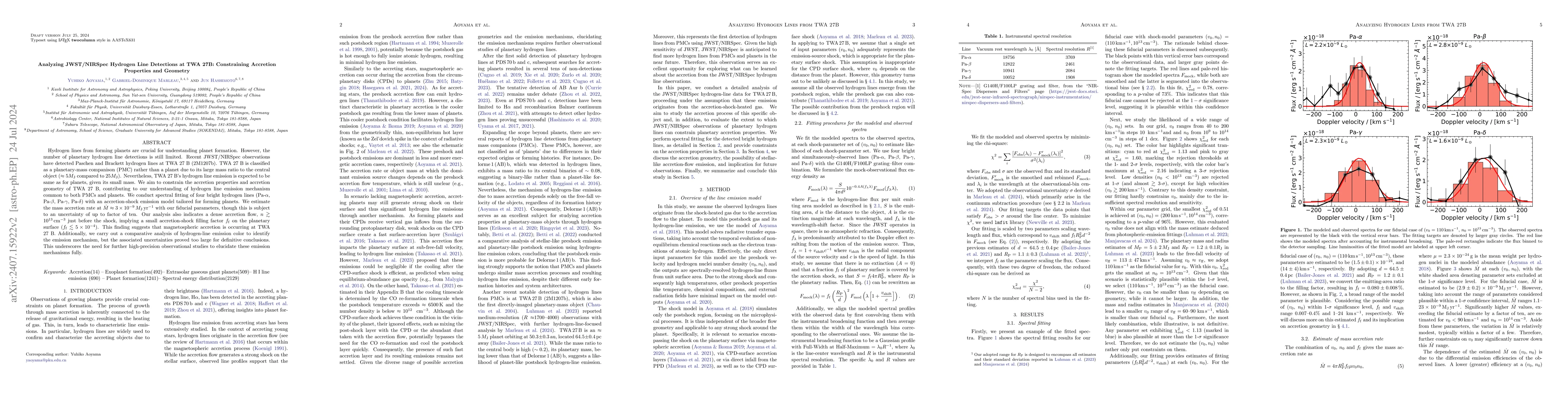 Thumbnail for Analyzing JWST/NIRSpec Hydrogen Line Detections at TWA 27B: Constraining
  Accretion Properties and Geometry