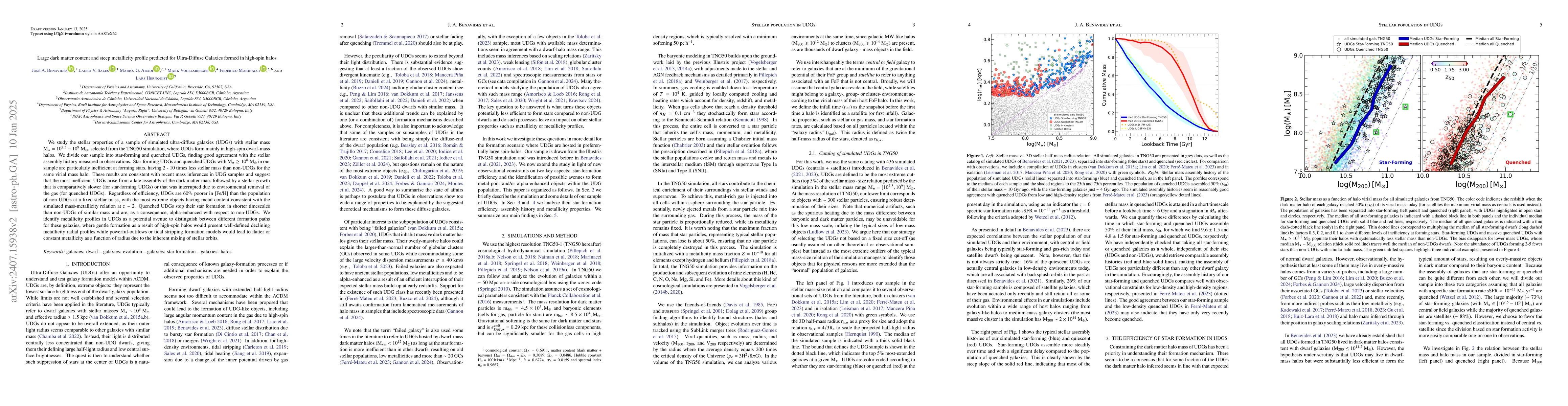 Thumbnail for Large dark matter content and steep metallicity profile predicted for
  Ultra-Diffuse Galaxies formed in high-spin halos