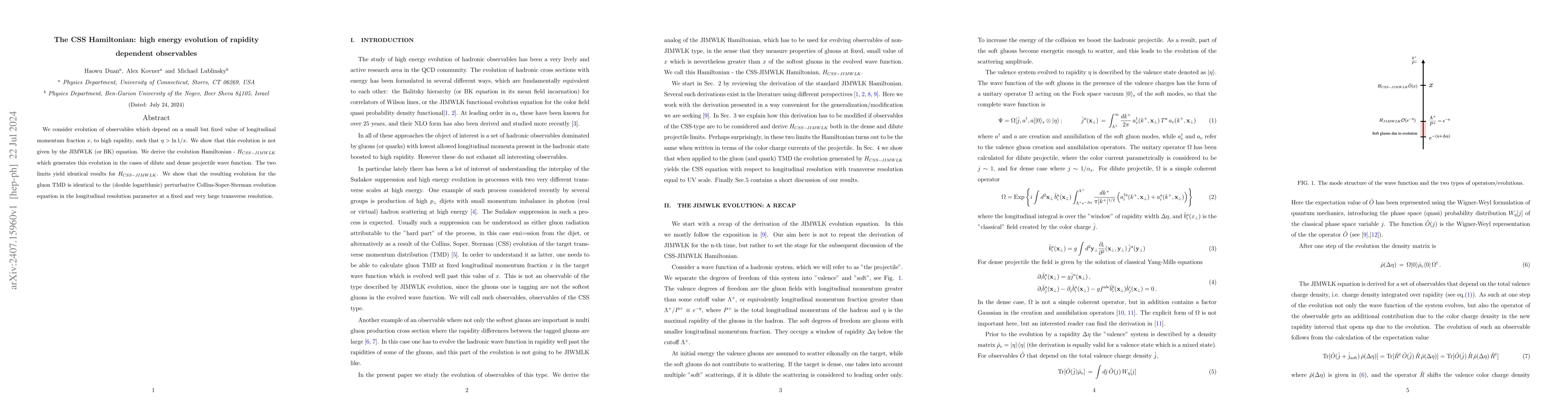Thumbnail for The CSS Hamiltonian: high energy evolution of rapidity dependent
  observables
