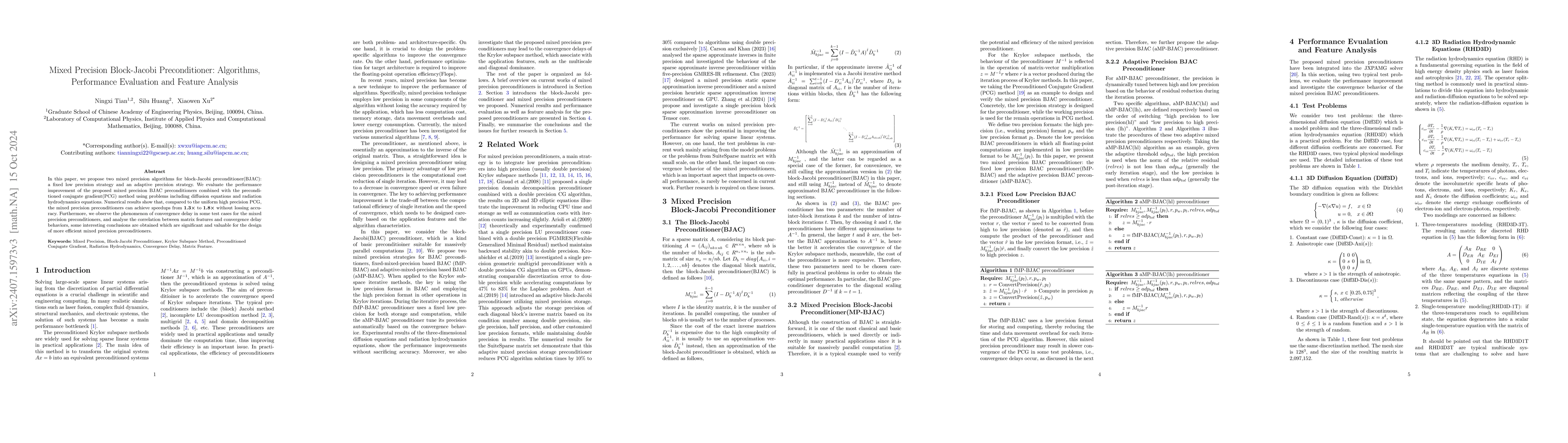 Thumbnail for Mixed Precision Block-Jacobi Preconditioner: Algorithms, Performance
  Evaluation and Feature Analysis