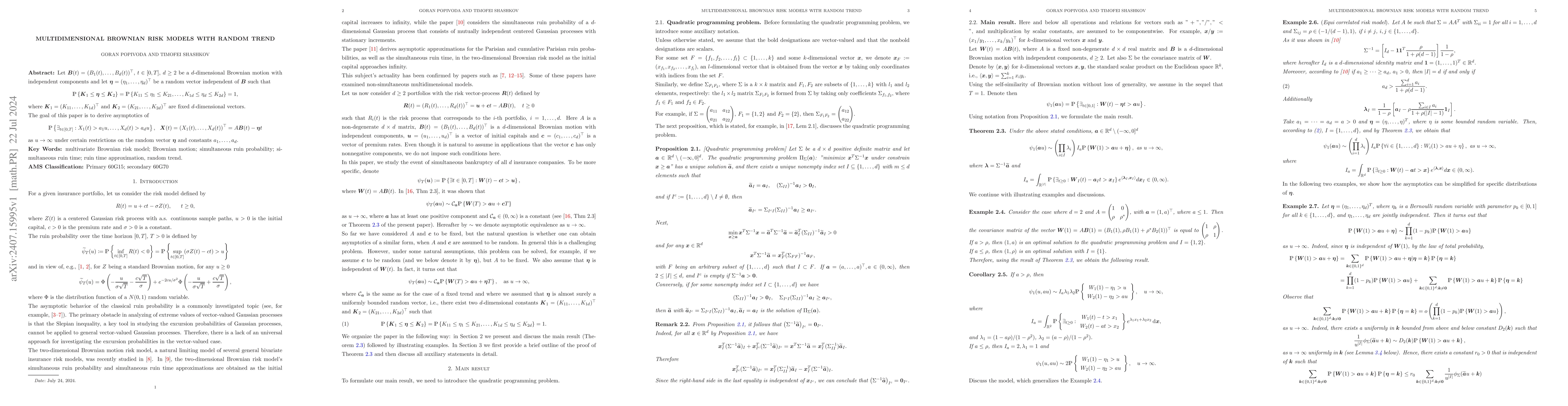 Thumbnail for Multidimensional Brownian risk models with random trend