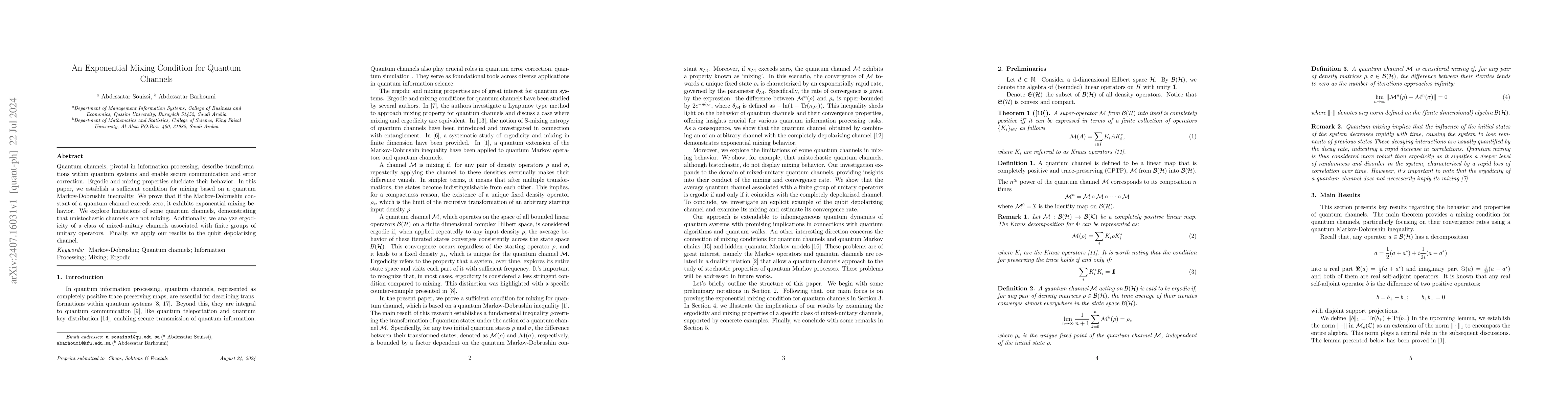 Thumbnail for An Exponential Mixing Condition for Quantum Channels
