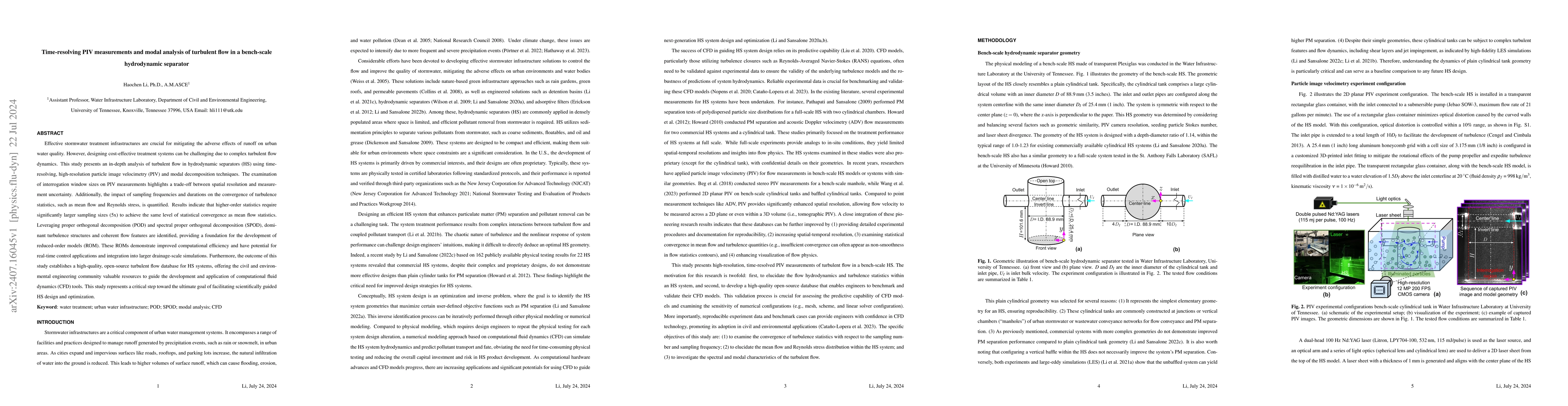 Thumbnail for Time-resolving PIV measurements and modal analysis of turbulent flow in
  a bench-scale hydrodynamic separator